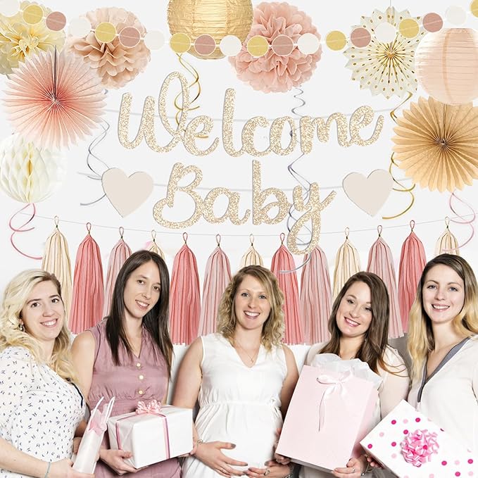 Champagne Gold Boho Baby Shower Party Decoration Welcome Baby Banner