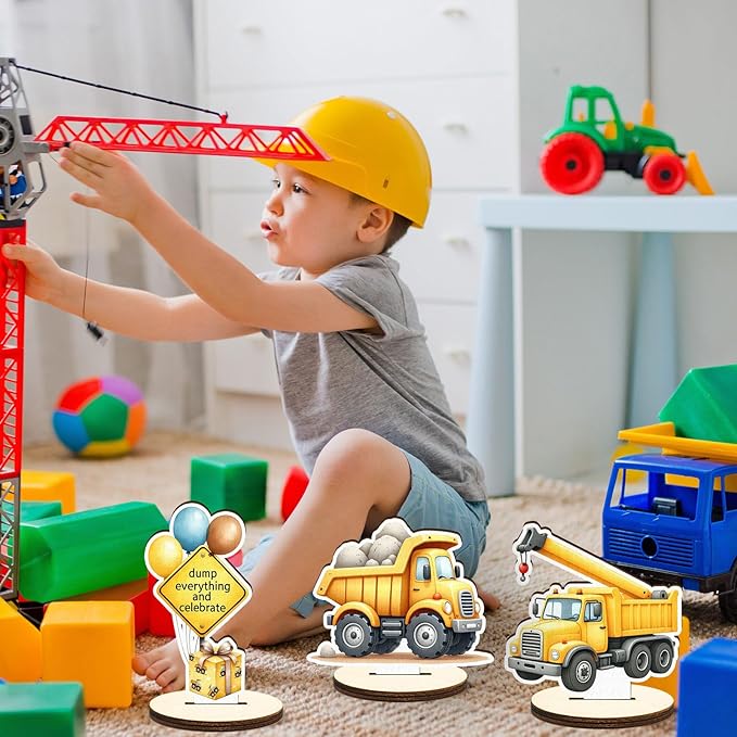 16 Pcs Wooden Construction Party Table Centerpiece Excavator Tractor