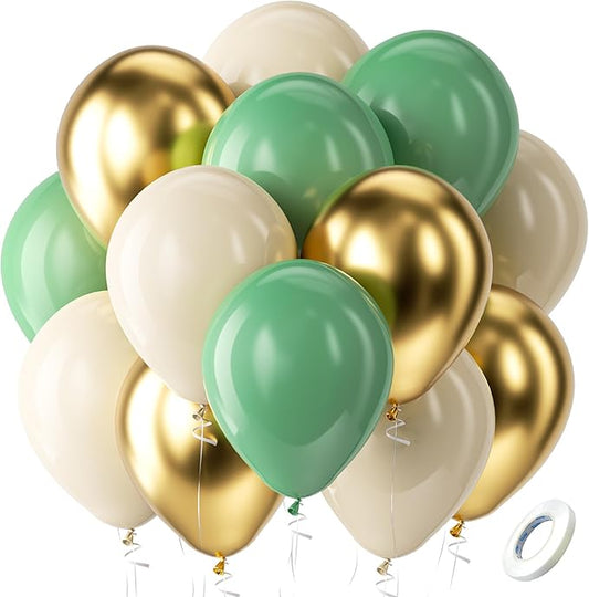 Bezente Sage Green Gold White Balloons Kit - 60pcs 12 inch Sage Green