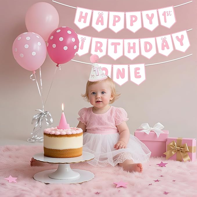 First Birthday Decorations for Girl Pink Bow One Birthday Hat