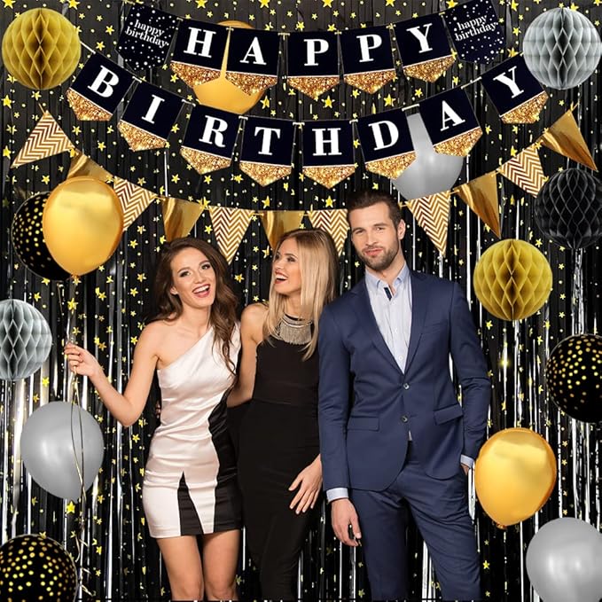 Black & Gold Party Decorations Happy Birthday Banner Balloons