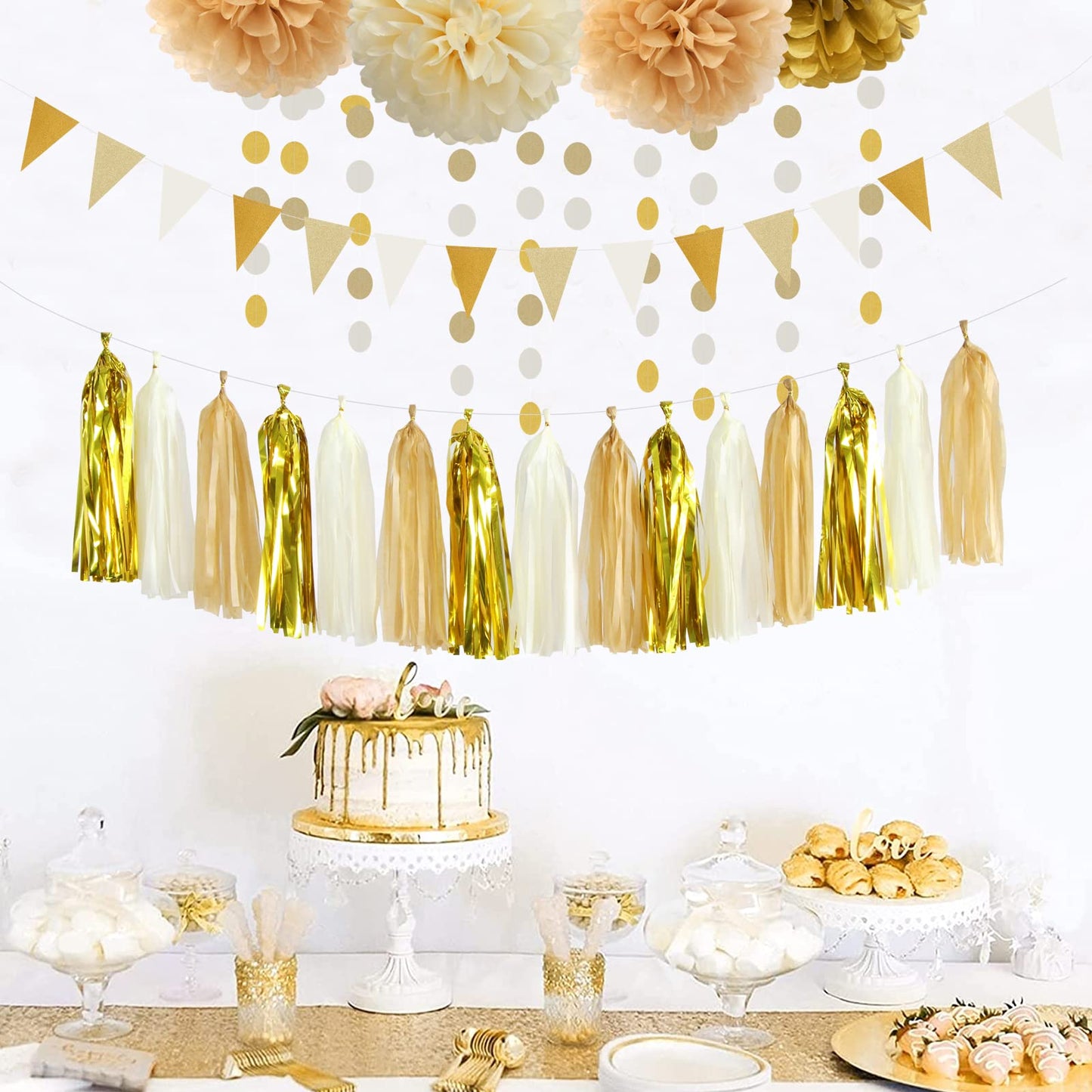 White Gold Champagne Party Decorations - 23pcs Tissue Pom Poms