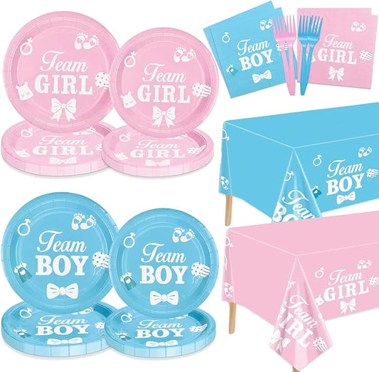 Gender Reveal Decorations Including Boy or Girl Plates Napkins Team