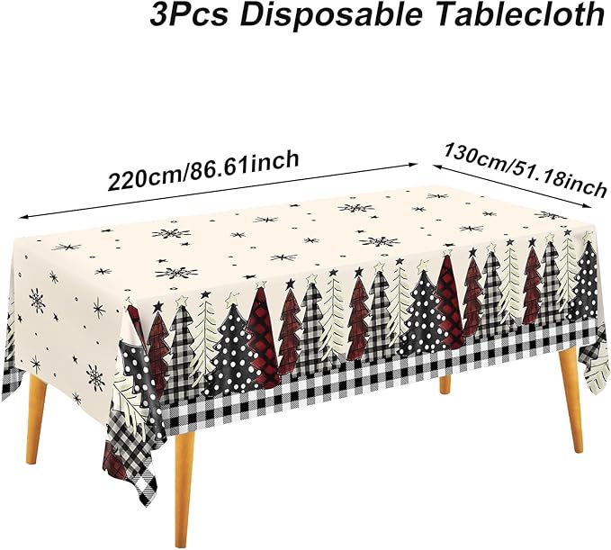 3PCS Christmas Tablecloth Black Buffalo Plaid Plastic Tablecloths