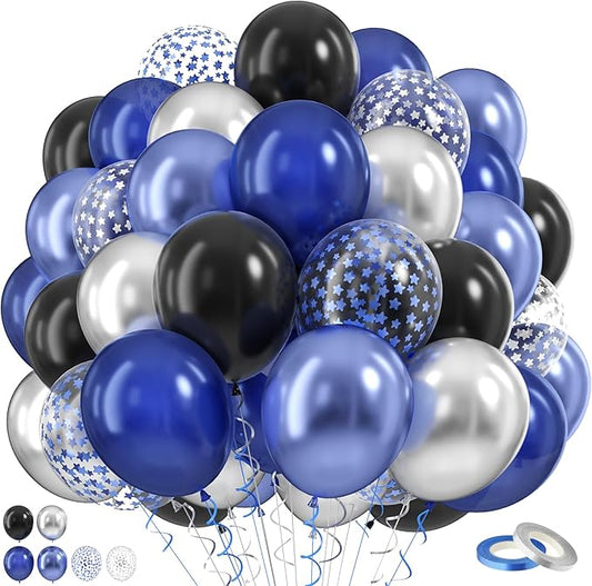 Navy Blue Silver Balloons, 60 Pcs Metallic Pearl Night Blue Black