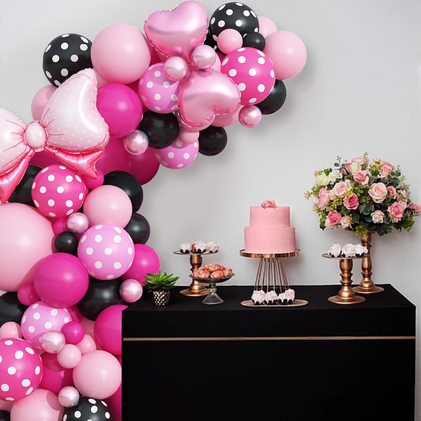 Pink and Black Balloons Arch Balloons Garland with Bow Heart Foil