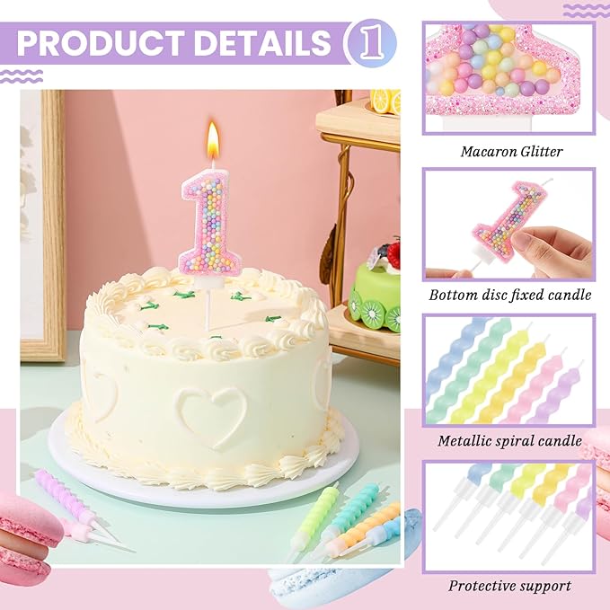 Number 1 Birthday Candle with 12 Pcs Spiral Candles for Girls