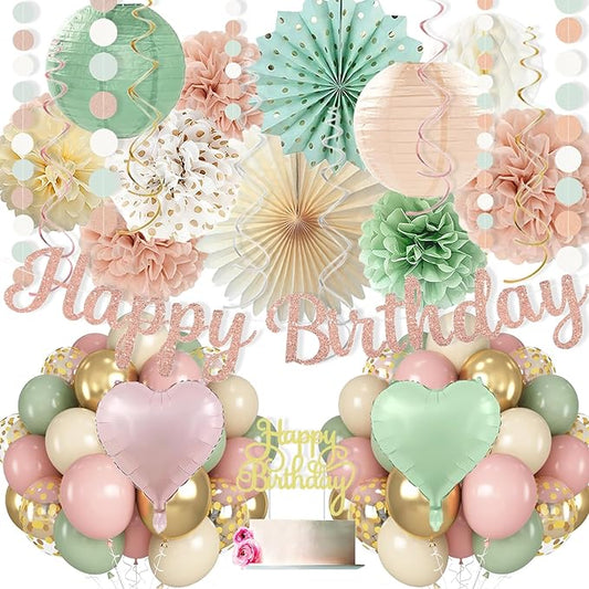 Sage-Green Blush-Pink Birthday Decorations for Women Girls, Cream