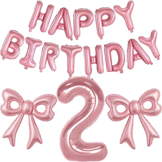 Bow Number 2 Birthday Balloons, 40” Pink Aluminum Foil Balloons Happy