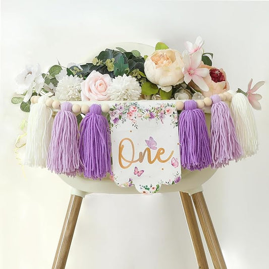 Handmade Butterfly Flower 1st Birthday High Chair Banner Purple