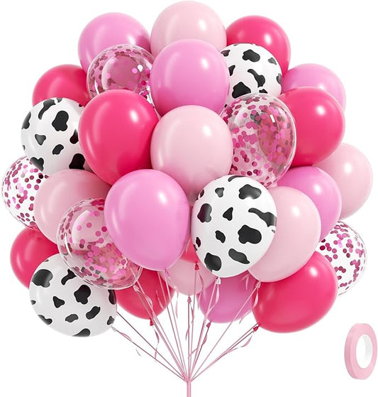 60pcs Cowgirl Balloons, Hot Pink Light Pink Confetti Cow Print Latex