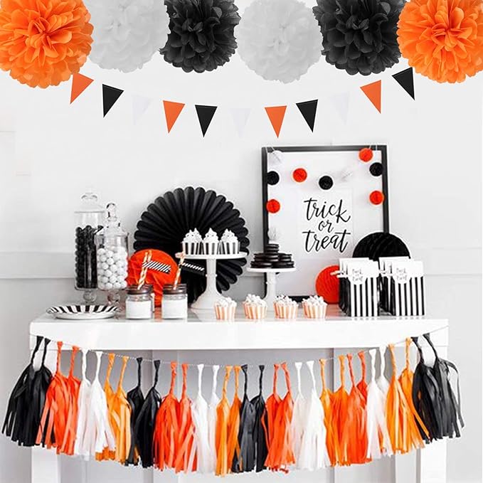 Black White Orange Halloween Party Decorations 23pcs Tissue Pom Poms