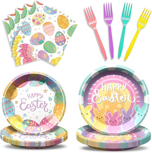 96 Pcs Easter Party Supplies Easter Plates and Napkins Set Colorful