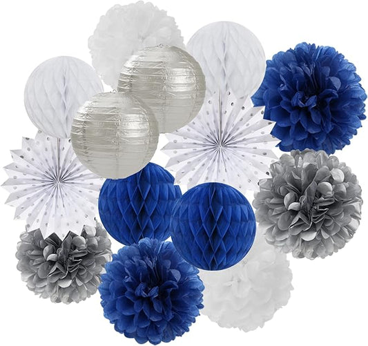 Navy-Blue White Silver Party Decorations - 14pcs Kits Paper Lanterns