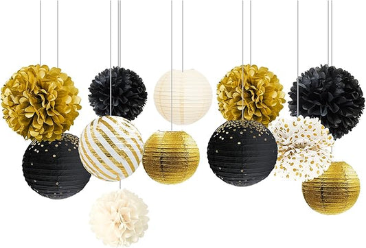 Black Gold Party Decorations 12PCS Paper Lantern Tissue Pom Poms