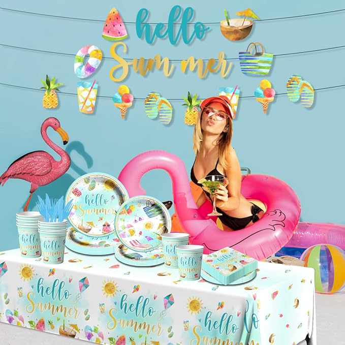 Hello Summer Party Decorations 143Pcs Beach Pool Party Paper Plates