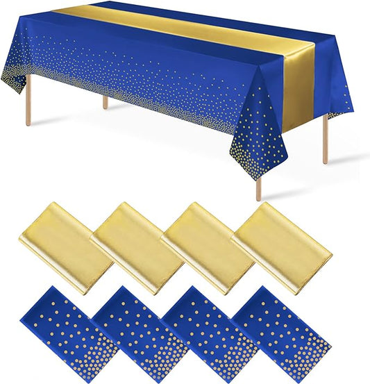 8Pack Disposable Plastic Tablecloths and Satin Table Runner Set Blue