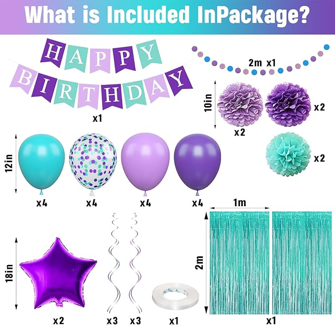 Mermaid Birthday Decorations Purple Teal Blue Party Balloons Happy