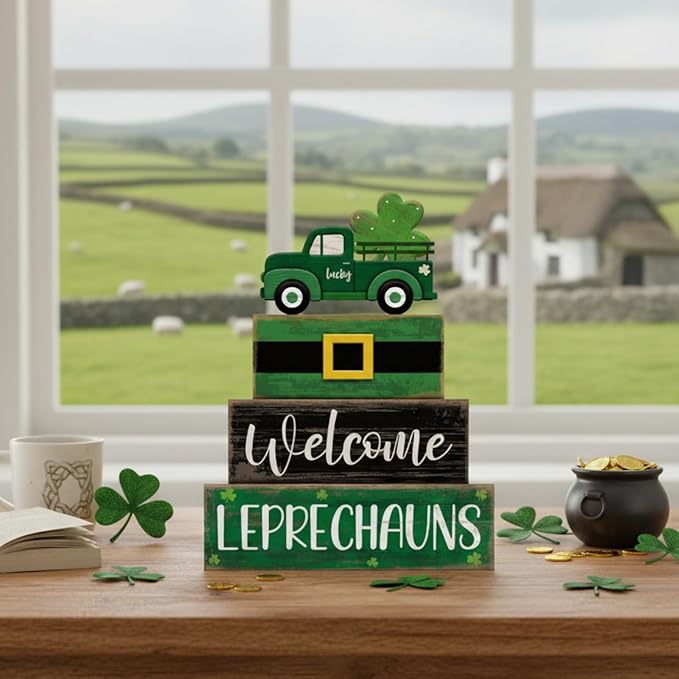 4 Pcs St Patricks Day Table Decor Leprechaun Wooden Stacked Blocks