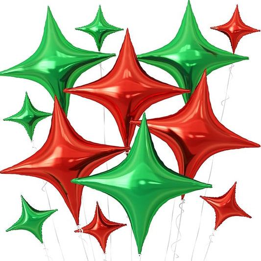 Red Green Christmas Balloons,12Pcs Four Angle Star Foil