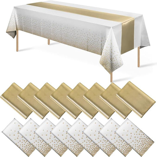 16Pack Disposable Plastic Tablecloths and Satin Table Runner Set