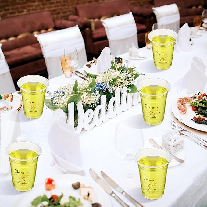 100 Pcs Plastic Wedding Cups 16 oz Cheers to Love Wedding Reception