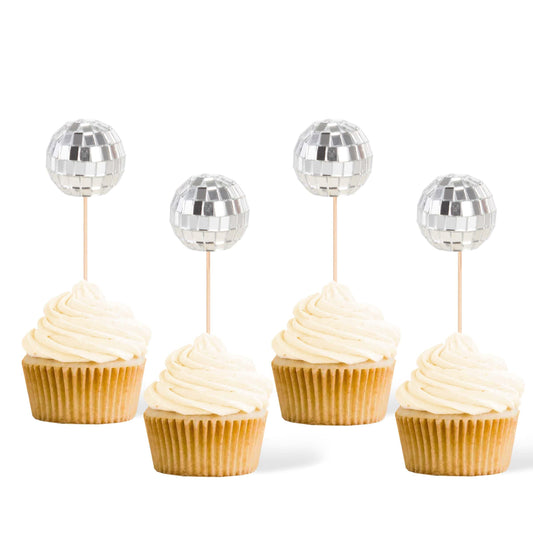 Gexolenu 24 Pcs Disco Ball Cupcake Toppers, NO DIY Silver Disco Ball