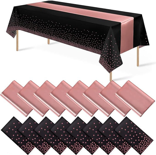 16Pack Disposable Plastic Tablecloths and Satin Table Runner Set