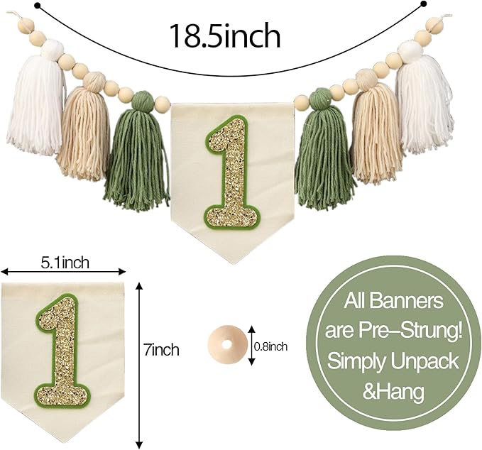 Wild One 1st Green White Highchair Banner Handmade Wood Bead Tassel