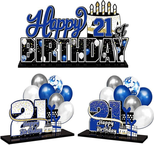 LINGTEER Happy 21st Birthday Blue Acrylic Table Topper Centerpieces