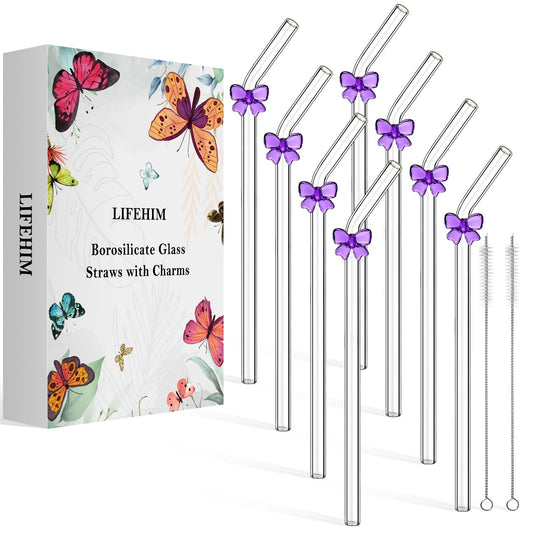 Cute Girly Glass Straws with Charms Purple Bows - 8mm Thin 9 inch Long