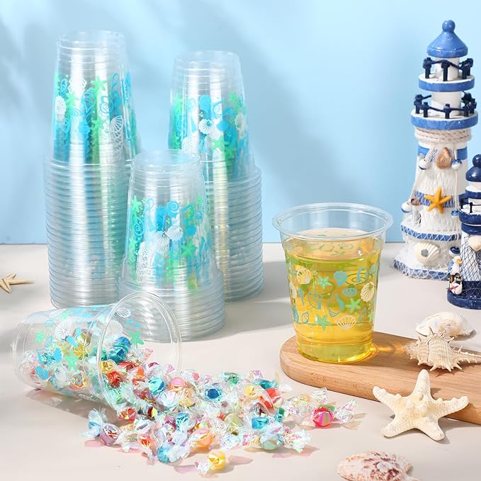 60 Pack Seashell Beach Plastic Cups 12 oz Summer Beach Starfish
