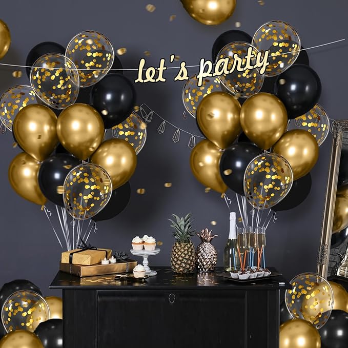 Black and Gold Balloons, 60pcs 12inch Black Metallic Gold Confetti