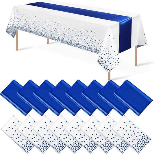 16Pack Disposable Plastic Tablecloths and Satin Table Runner Set White
