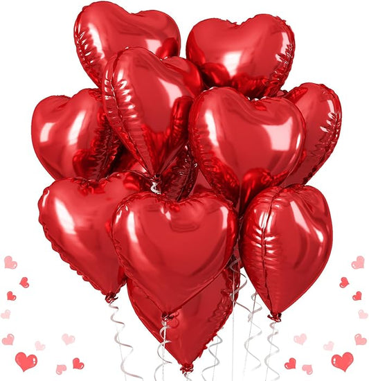 Red Heart Balloons, 18 Inch Metallic Red Foil Balloon Helium 10Pcs