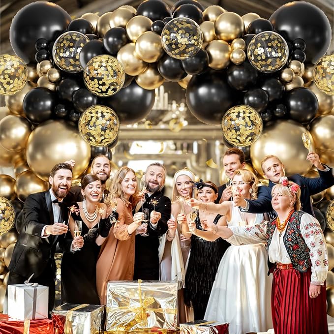 155Pcs Black and Gold Balloon Garland Arch Kit with Gold Confetti
