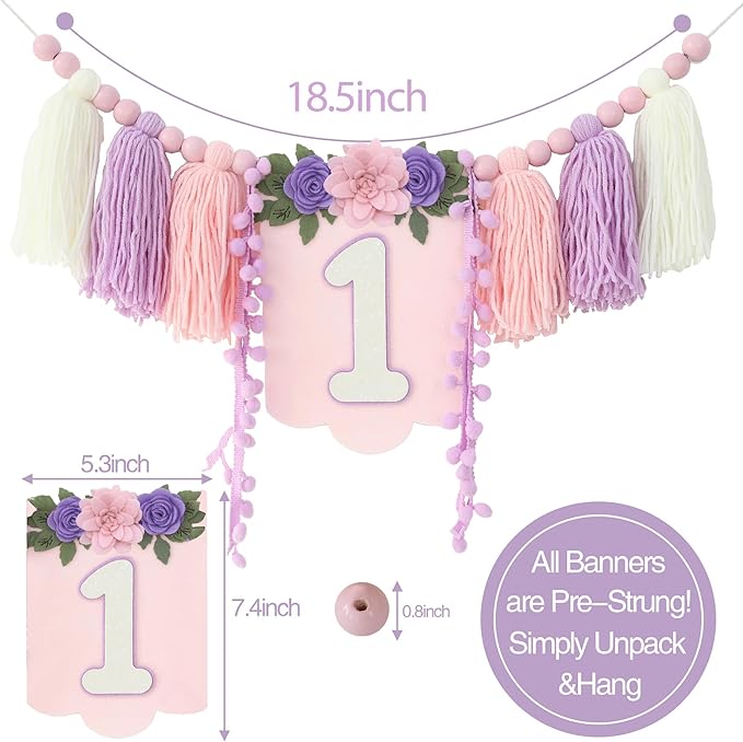 Handmade Wildflower 1st Birthday High Chair Banner Purple Pink