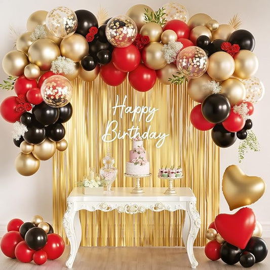 157Pcs Red Black Gold Balloons Garland Arch Kit with Glitter Fringe
