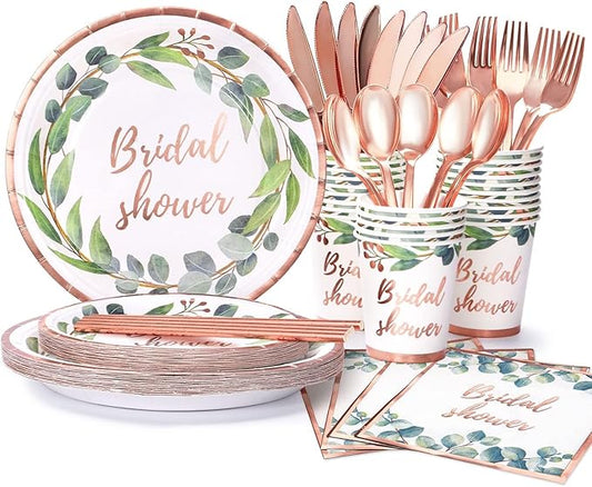 168Pcs Green and Rose Gold Party Decoration Bridal Shower Plates