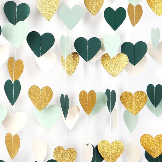 Sage-Green Mint Beige-Gold Love-Heart Garland - 52Ft Rustic Wedding