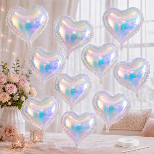 Iridescent Heart Balloons, 10 Pcs 18 Inch Transparent Holographic Foil