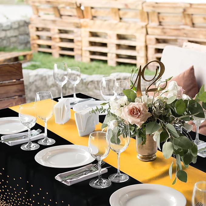 16Pack Disposable Plastic Tablecloths and Satin Table Runner Set Black