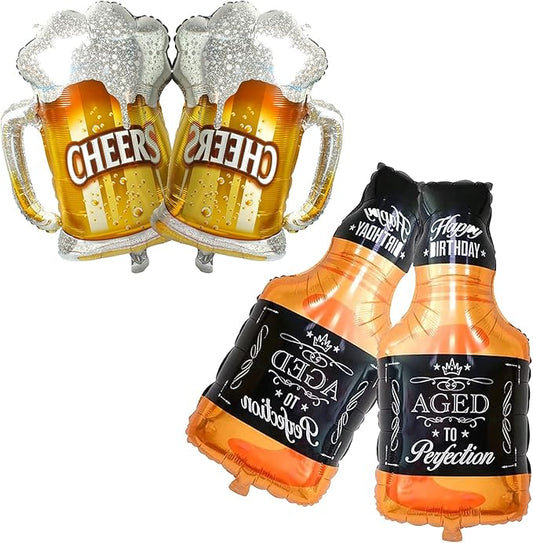 Whiskey Bottle & Beer Cup Balloons (4), Aluminum Foil, Unisex