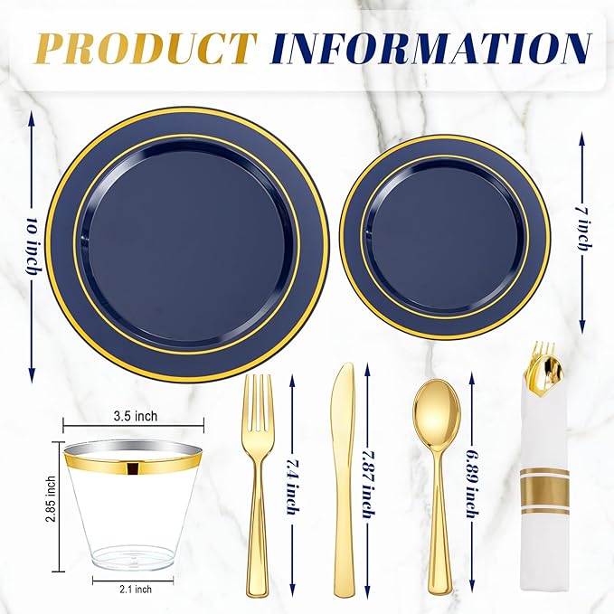 WDF Partyware 175PCS Blue and Gold Plastic Plates - Navy Blue Plates