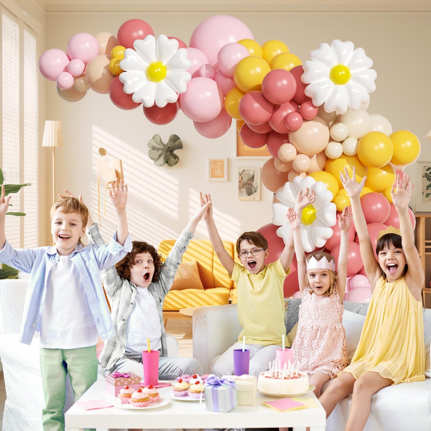 Groovy Daisy Balloon Arch, Boho Balloon Arch Kit with Dusty Pink Light
