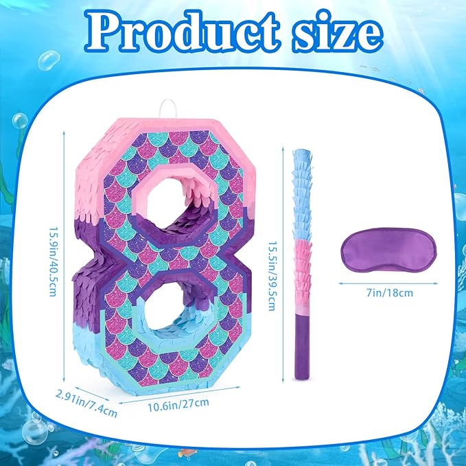 Mermaid Number 8 Pinata with Purple Pinata Stick Blindfold 8th