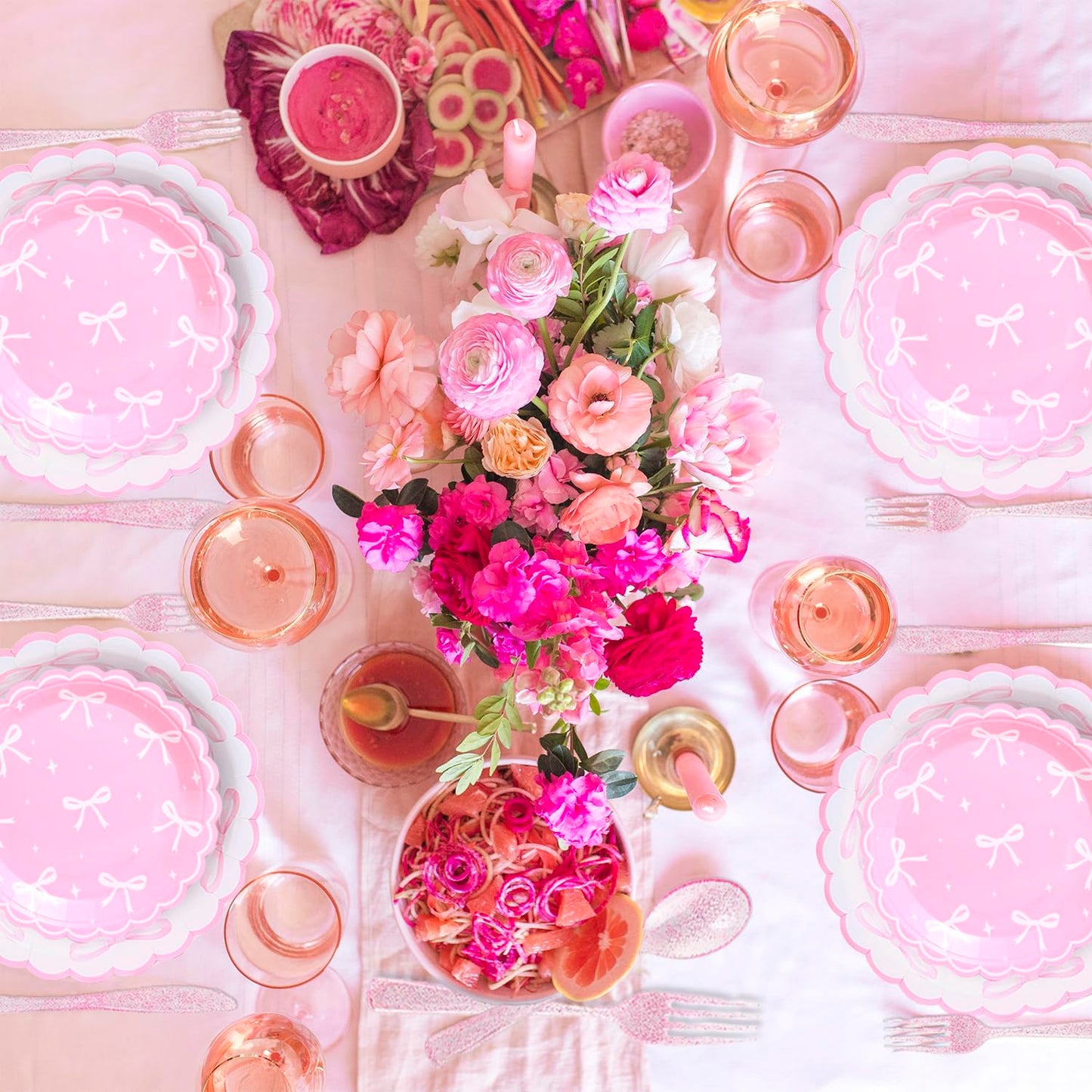 161PCs Pink Bow Party Supplies Pink Coquette Plates Napkins Cups