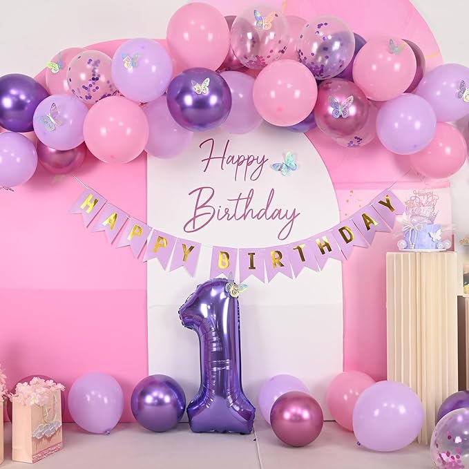 1st Birthday Decoration for Girls,Pink Purple 1st Birthday Balloon
