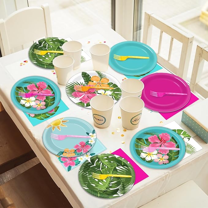 96 Pcs Hawaiian Party Decorations Hibiscus Paper Plates Napkins