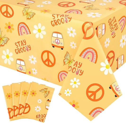 4 Pcs Stay Groovy Tablecloth Retro Hippie Boho Party Table Covers
